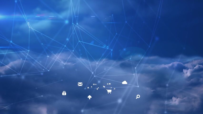 Animation of network of connections with white icons on blue sky with clouds | Shutterstock HD Video #1040366801