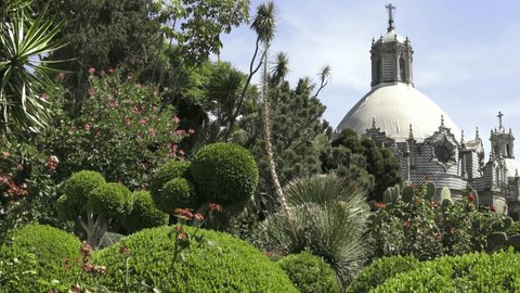 dome of the tall church of madonna of guadalupe, in the foreground hedges of a garden