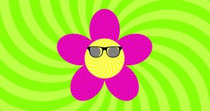Cartoon hypnotic flower in sunglasses on psychedelic background 4k video. Loop animation