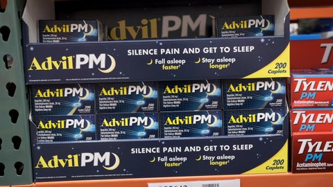 Sacramento, CA/USA 11/4/2019 Advil PM and Tylenol PM pills for sale at the pharmacy section of a Discount Mega Store