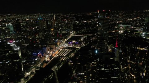 An aerial night shot of Melbourne City, along the Yarra River towards CBD, Melbourne Australia