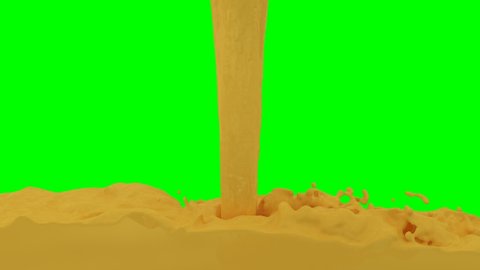 Animated realistic orange juice pouring and splashing from one inflow and against green background. Easy to loop, liquid has no transparency.