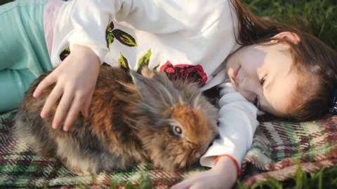 Little girl lying on green grass and hugging a brown rabbit. Little girl and brown rabbit lying on the green lawn and a hug. Girl playing with a favorite pet. Linography rabbit.