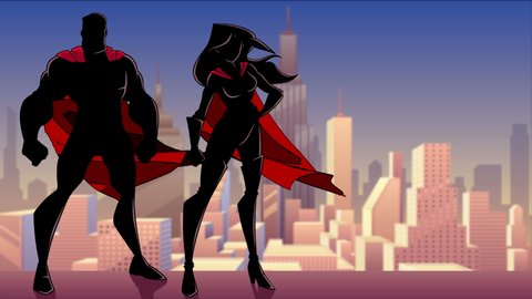 Seamless looping animation with silhouette of superhero couple, standing tall on rooftop above city.