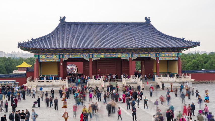 Time lapse 4k of the people wander in the Temple of Heaven at weekend, Beijing, China.