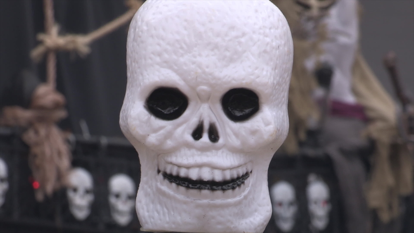 Toronto, Ontario, Canada October 2019 Haunted Halloween house with pirate ship theme with spooky decorations