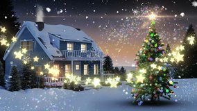 Animation of a Christmas decoration of string of glowing star shaped fairy lights with shooting star and Christmas tree - Powered by Shutterstock - Get 15% off with code: PIKWIZARD15