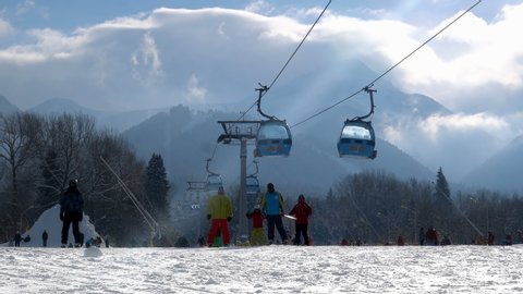 Bansko, Bulgaria - 22 Feb, 2019: World cup ski centar lift cabin Bansko ski center. Ski lift cabin Bansko ski center, blue elevator - Bulgaria
