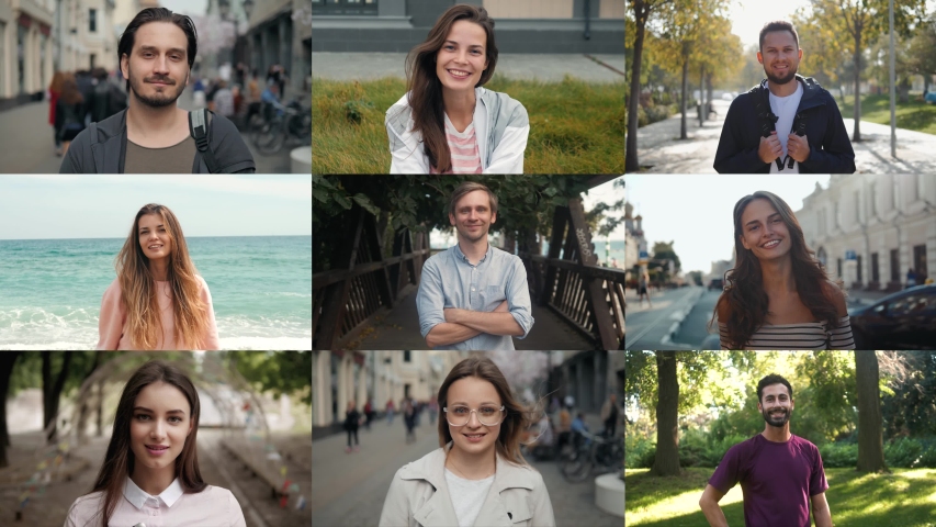 Collage portrait of mix raced young professionals or students, happy young international group, man and woman smiling, happy people collage people faces Royalty-Free Stock Footage #1040410349