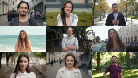 Collage portrait of mix raced young professionals or students, happy young international group, man and woman smiling, happy people collage people faces
