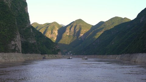 Wu gorge scenic view the second of the three gorges from a moving boat cruise on Yangtze river in China