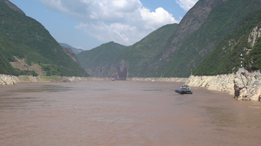 Qutang gorge scenic view the first of the three gorges from a moving boat cruise on Yangtze river in China