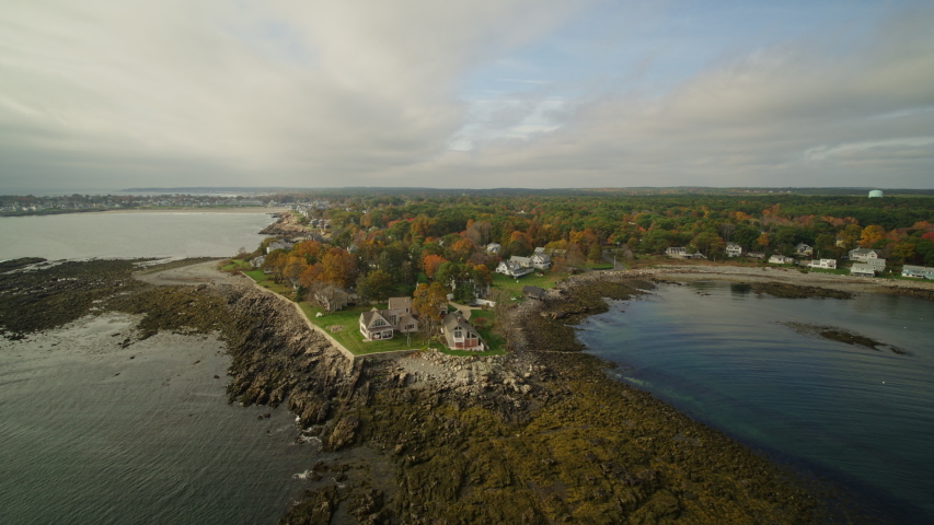 York Maine Aerial Peripheral view of ocean front property homes near Cape Neddick - October 2017