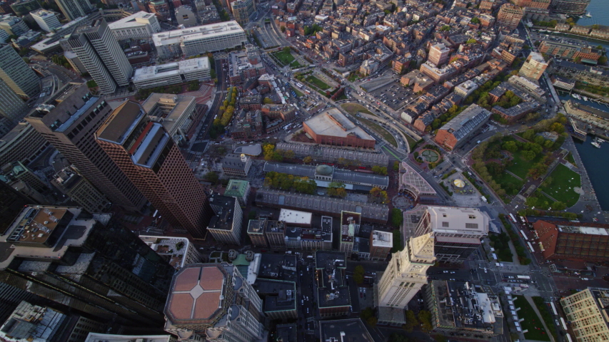 Boston Massachusetts Aerial Birdseye to panning vertical over Faneuil Hall Marketplace - October 2017