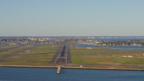 Boston Massachusetts Aerial Slow detail of Logan airport runways, no planes - October 2017
