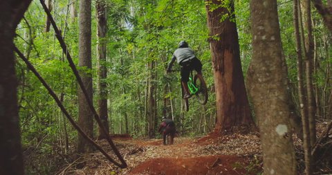 Aerial view of two professional mountain bikers going off of a jump and flying into the air going downhill on a forest trail, friends outdoors mountain biking together, summer fun activities