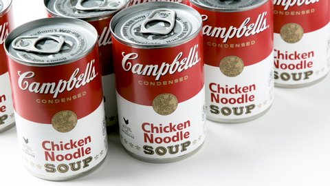 Los Angeles, CA/USA 11/5/2019 Tin cans of Campbells brand Chicken Noodle Soup on White Background
