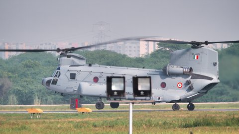 New Delhi, Delhi / India - October 07, 2019: Indian Air Force Brand new acquired Boeing CH-47 Chinook Helicopter
