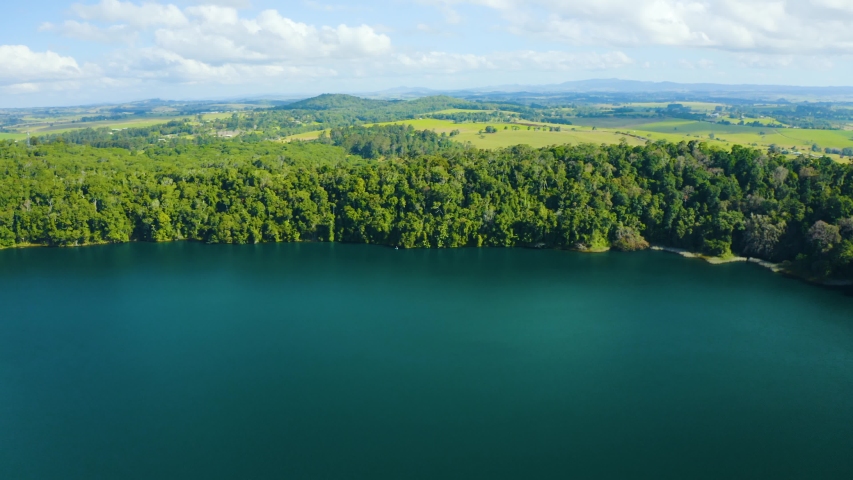 Aerial, beautiful view on Lake Eacham in tablelands in Queensland, Australia
