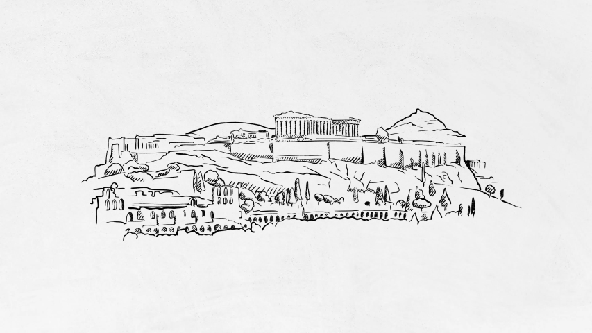 Athens Acropolis Landmark Selfdrawing Lines. Hand-drawn Panorama Animation, seamless build up and teardown