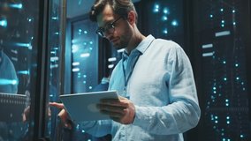 Server administrator in glasses using digital tablet updating hardware of server rack cabinets at data center. Computer service. Cyber security. - Powered by Shutterstock - Get 15% off with code: PIKWIZARD15