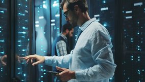 IT technician in data center digital server room controlling work of rack server cabinets with a tablet. Professional server engineer at work. - Powered by Shutterstock - Get 15% off with code: PIKWIZARD15