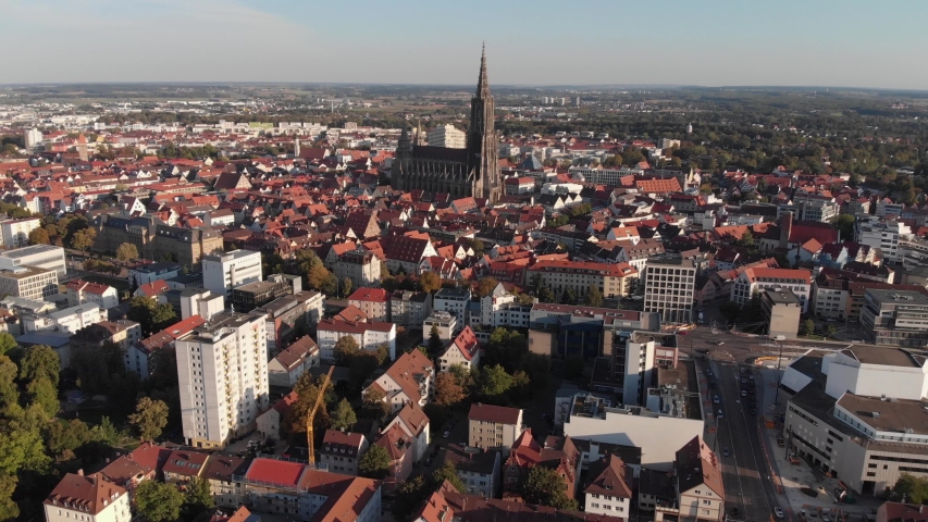 Aerial view of the city Ulm in Germany. On a sunny afternoon in summer. Zoom in on the münster.