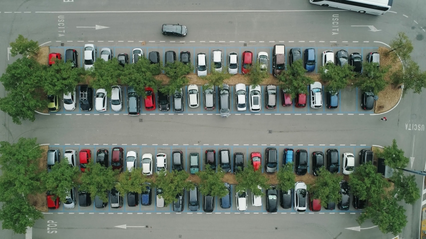 Top down aerial view of a parking square with no free parking lots