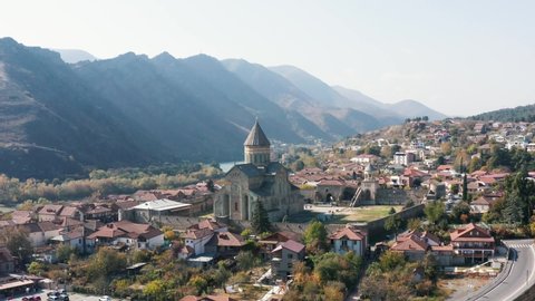 The city of Mtskheta. Svetitskhoveli Cathedral. Georgia Beautiful view of the mountains.