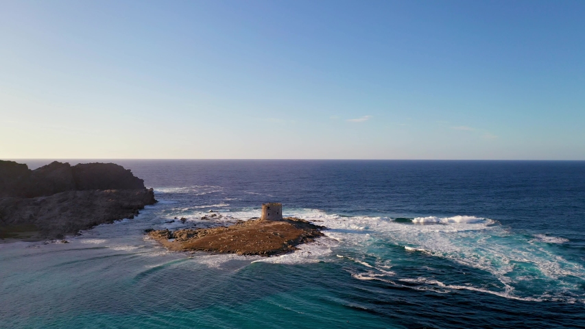 Aerial view of Pelosa Beach tower (Spiaggia Della Pelosa). Stintino, Sardinia, Italy. La Pelosa beach, Sardinia, Italy. 