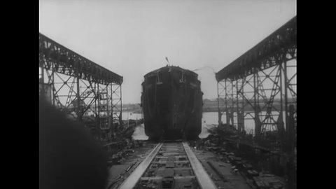 CIRCA 1950s - A ship is christened and launched in Zwybrzeza, Poland.