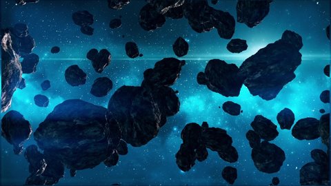 Asteroids drift in deep space among the wreckage of a destroyed planet, a post-apocalyptic futuristic composition