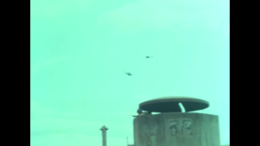 CIRCA 1968 - US Army helicopters swarm burning Viet Cong targets.