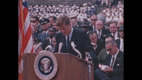 CIRCA 1962 - President John F. Kennedy discusses the possibilities for peaceful, unifying exploration of space.