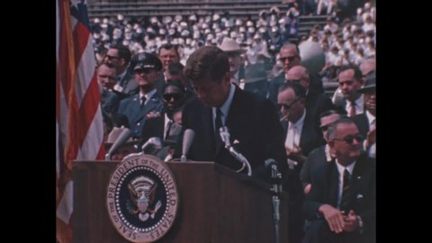 CIRCA 1962 - President John F. Kennedy discusses using space exploration for peace in his speech at Rice Stadium in Houston, Texas on September 12th.