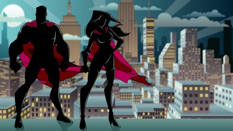 Seamless looping animation with silhouette of superhero couple, standing tall on rooftop above city at night.