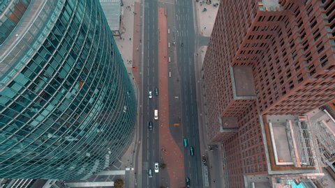 BERLIN, GERMANY AUGUST, 2019: Aerial drone panorama view of Potsdamer Platz, Potsdam Square in the city centre. Modern architecture buildings, famous skyscrapers.