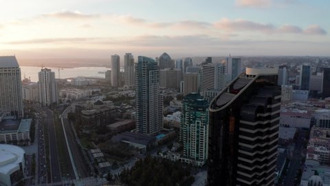 Aerial drone footage of Downtown San Diego and the marina during sunset. San Diego, California. 