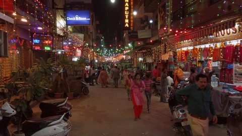 New Delhi, India - Circa October 2019. Evening at Main Bazaar street, decorated for Diwali celebration. 