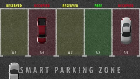 Smart parking zone for vehicles. Ability to reserve a parking space using the mobile application. Parking spots are highlighted in different colors. Cars occupy and free up parking spaces