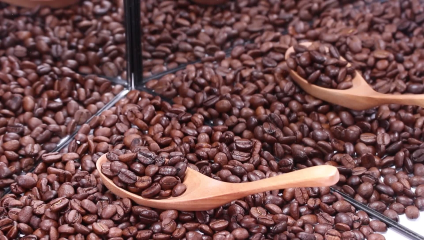 A lot of coffee beans reflecting in the mirror