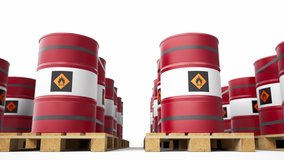 Many red metal barrels on wooden pallets. Low bottom view, camera move along row of petrol drums. Storage of fuel kegs with Flammable symbol. 60 fps loopable animation, white background.
