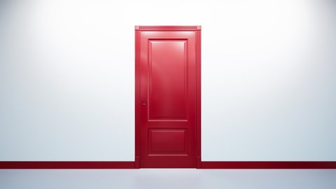 Red classic design door opening to green screen. Camera move through doorway. 60 fps transition animation.
