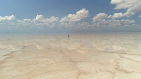 Man on new planet conqueror life in another world walking along surface white crust cracks Lake Elton unique landscape miracle nature. Clouds reflection in brine water. Horizon endless space. Aerial - Powered by Shutterstock - Get 15% off with code: PIKWIZARD15
