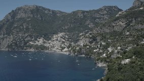 Aerial footage drone view of Positano, in Amalfi coast Naples Italy // no video editing
