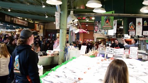 Seattle, Washington: October 26, 2019: Pike Place fish market in the city of Seattle. Pike Place Fish Market is famous for the fish throwing events.