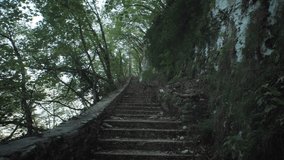 4k VIDEO. Stairs that reach the sanctuary Madonna della Corona Sanctuary, in the Province of Verona, Trentinol, Italy. Church. 