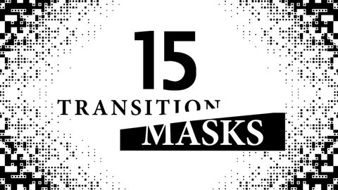 Transition Masks With a Moving Digital Pixelated Pattern. 15 Versions of Modern Luma Mattes or Alpha Channels. Transition Black and White Masks Templates in 4K for Editing Footages.