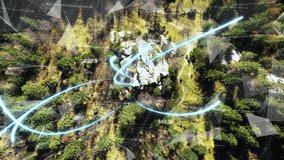 Digital technology access transformation. Man using smartphone in mountains to communicate with Global Network. Visualization of information lines flows into software cyber space. Aerial drone shot - Powered by Shutterstock - Get 15% off with code: PIKWIZARD15