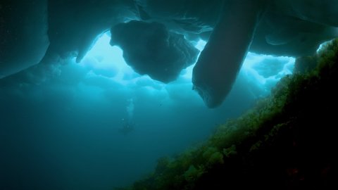 a scuba diver photographs moodful scenery under impressive icebergs